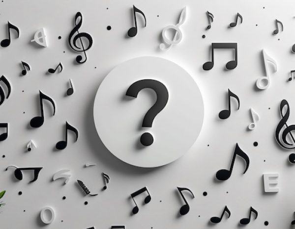 A visually striking poster featuring an array of black and white music notes and symbols scattered against a white background. the central focus is a large question mark, adding a touch of intrigue and mystery. ideal for modern decor, music lovers, and artistic accents.
